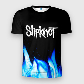 Мужская футболка 3D Slim с принтом Slipknot blue fire , 100% полиэстер с улучшенными характеристиками | приталенный силуэт, круглая горловина, широкие плечи, сужается к линии бедра | 