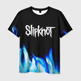 Мужская футболка 3D с принтом Slipknot blue fire в Рязани, 100% полиэфир | прямой крой, круглый вырез горловины, длина до линии бедер | 