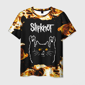 Мужская футболка 3D с принтом Slipknot рок кот и огонь в Рязани, 100% полиэфир | прямой крой, круглый вырез горловины, длина до линии бедер | 