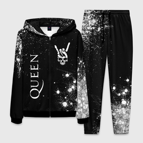 Мужской костюм 3D с принтом Queen и рок символ на темном фоне в Петрозаводске, 100% полиэстер | Манжеты и пояс оформлены тканевой резинкой, двухслойный капюшон со шнурком для регулировки, карманы спереди | 
