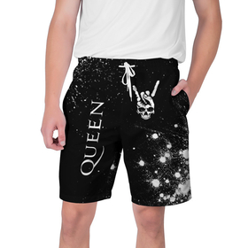 Мужские шорты 3D с принтом Queen и рок символ на темном фоне в Курске,  полиэстер 100% | прямой крой, два кармана без застежек по бокам. Мягкая трикотажная резинка на поясе, внутри которой широкие завязки. Длина чуть выше колен | 