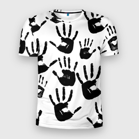 Мужская футболка 3D Slim с принтом Отпечатки рук в Екатеринбурге, 100% полиэстер с улучшенными характеристиками | приталенный силуэт, круглая горловина, широкие плечи, сужается к линии бедра | 