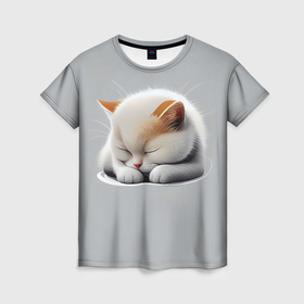 Женская футболка 3D с принтом Спящий котёнок на сером фоне , 100% полиэфир ( синтетическое хлопкоподобное полотно) | прямой крой, круглый вырез горловины, длина до линии бедер | 
