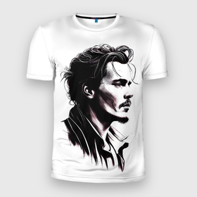 Мужская футболка 3D Slim с принтом Джонни Депп   чб рисунок в Новосибирске, 100% полиэстер с улучшенными характеристиками | приталенный силуэт, круглая горловина, широкие плечи, сужается к линии бедра | 