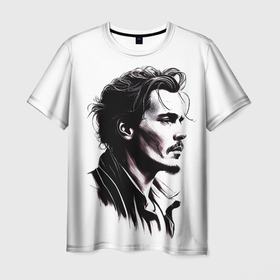 Мужская футболка 3D с принтом Джонни Депп   чб рисунок в Петрозаводске, 100% полиэфир | прямой крой, круглый вырез горловины, длина до линии бедер | Тематика изображения на принте: 