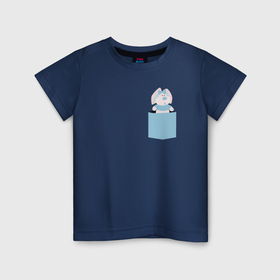 Детская футболка хлопок с принтом синий кролик в кармане , 100% хлопок | круглый вырез горловины, полуприлегающий силуэт, длина до линии бедер | Тематика изображения на принте: 