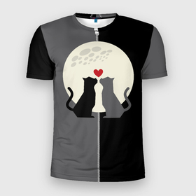 Мужская футболка 3D Slim с принтом Котики под луной в Белгороде, 100% полиэстер с улучшенными характеристиками | приталенный силуэт, круглая горловина, широкие плечи, сужается к линии бедра | Тематика изображения на принте: 