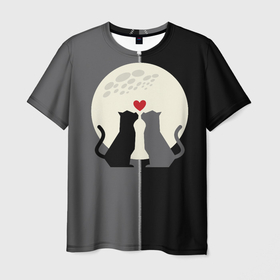 Мужская футболка 3D с принтом Котики под луной в Белгороде, 100% полиэфир | прямой крой, круглый вырез горловины, длина до линии бедер | Тематика изображения на принте: 