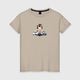Женская футболка хлопок с принтом Портрет японской гейши с большим веером в Кировске, 100% хлопок | прямой крой, круглый вырез горловины, длина до линии бедер, слегка спущенное плечо | 