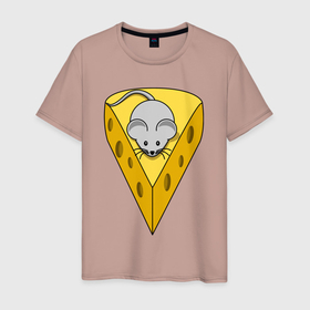 Мужская футболка хлопок с принтом Мышонок на сыре в Тюмени, 100% хлопок | прямой крой, круглый вырез горловины, длина до линии бедер, слегка спущенное плечо. | Тематика изображения на принте: 