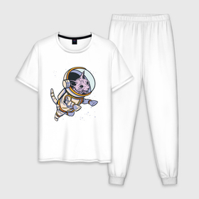 Мужская пижама хлопок с принтом Кот сфинкс космонавт в Белгороде, 100% хлопок | брюки и футболка прямого кроя, без карманов, на брюках мягкая резинка на поясе и по низу штанин
 | Тематика изображения на принте: 