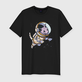 Мужская футболка хлопок Slim с принтом Кот сфинкс космонавт в Белгороде, 92% хлопок, 8% лайкра | приталенный силуэт, круглый вырез ворота, длина до линии бедра, короткий рукав | Тематика изображения на принте: 