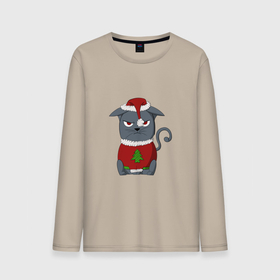 Мужской лонгслив хлопок с принтом Недовольный новогодний кот в Курске, 100% хлопок |  | Тематика изображения на принте: 