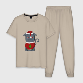 Мужская пижама хлопок с принтом Недовольный новогодний кот в Курске, 100% хлопок | брюки и футболка прямого кроя, без карманов, на брюках мягкая резинка на поясе и по низу штанин
 | 