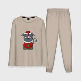 Мужская пижама хлопок (с лонгсливом) с принтом Недовольный новогодний кот в Курске,  |  | 