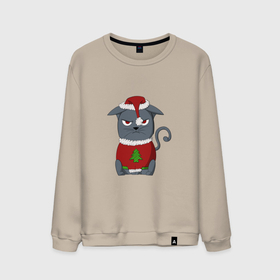 Мужской свитшот хлопок с принтом Недовольный новогодний кот в Курске, 100% хлопок |  | Тематика изображения на принте: 