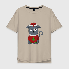 Мужская футболка хлопок Oversize с принтом Недовольный новогодний кот в Курске, 100% хлопок | свободный крой, круглый ворот, “спинка” длиннее передней части | Тематика изображения на принте: 