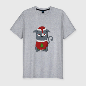 Мужская футболка хлопок Slim с принтом Недовольный новогодний кот в Курске, 92% хлопок, 8% лайкра | приталенный силуэт, круглый вырез ворота, длина до линии бедра, короткий рукав | 
