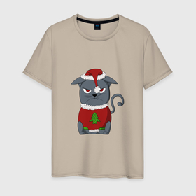 Мужская футболка хлопок с принтом Недовольный новогодний кот в Петрозаводске, 100% хлопок | прямой крой, круглый вырез горловины, длина до линии бедер, слегка спущенное плечо. | 