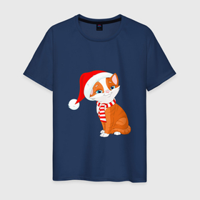 Мужская футболка хлопок с принтом Новогодний рыжий кот в Белгороде, 100% хлопок | прямой крой, круглый вырез горловины, длина до линии бедер, слегка спущенное плечо. | 