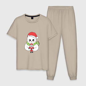 Мужская пижама хлопок с принтом Новогодний китайский котик в Екатеринбурге, 100% хлопок | брюки и футболка прямого кроя, без карманов, на брюках мягкая резинка на поясе и по низу штанин
 | 