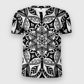 Мужская футболка 3D Slim с принтом Черно белая мандала в Белгороде, 100% полиэстер с улучшенными характеристиками | приталенный силуэт, круглая горловина, широкие плечи, сужается к линии бедра | Тематика изображения на принте: 