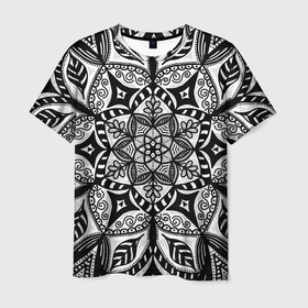 Мужская футболка 3D с принтом Черно белая мандала в Белгороде, 100% полиэфир | прямой крой, круглый вырез горловины, длина до линии бедер | Тематика изображения на принте: 