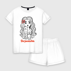 Женская пижама с шортиками хлопок с принтом Вероника   девчонка в татухах в Белгороде, 100% хлопок | футболка прямого кроя, шорты свободные с широкой мягкой резинкой | 