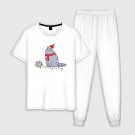 Мужская пижама хлопок с принтом Кошка Хлоя новогодняя в Новосибирске, 100% хлопок | брюки и футболка прямого кроя, без карманов, на брюках мягкая резинка на поясе и по низу штанин
 | Тематика изображения на принте: 