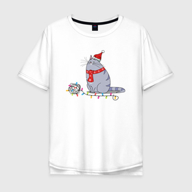 Мужская футболка хлопок Oversize с принтом Кошка Хлоя новогодняя в Новосибирске, 100% хлопок | свободный крой, круглый ворот, “спинка” длиннее передней части | Тематика изображения на принте: 