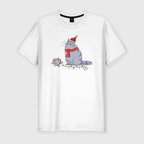 Мужская футболка хлопок Slim с принтом Кошка Хлоя новогодняя в Новосибирске, 92% хлопок, 8% лайкра | приталенный силуэт, круглый вырез ворота, длина до линии бедра, короткий рукав | Тематика изображения на принте: 