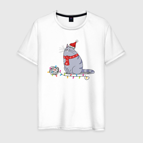 Мужская футболка хлопок с принтом Кошка Хлоя новогодняя в Новосибирске, 100% хлопок | прямой крой, круглый вырез горловины, длина до линии бедер, слегка спущенное плечо. | Тематика изображения на принте: 
