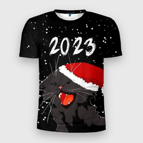 Мужская футболка 3D Slim с принтом Новогодний кот символ года в Екатеринбурге, 100% полиэстер с улучшенными характеристиками | приталенный силуэт, круглая горловина, широкие плечи, сужается к линии бедра | 