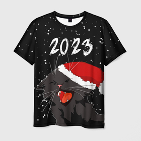 Мужская футболка 3D с принтом Новогодний кот символ года в Санкт-Петербурге, 100% полиэфир | прямой крой, круглый вырез горловины, длина до линии бедер | 