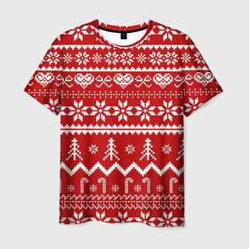 Мужская футболка 3D с принтом Новогодний узор на красном фоне , 100% полиэфир | прямой крой, круглый вырез горловины, длина до линии бедер | 