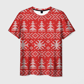 Мужская футболка 3D с принтом Вязаный новогодний узор в Новосибирске, 100% полиэфир | прямой крой, круглый вырез горловины, длина до линии бедер | 