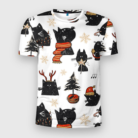 Мужская футболка 3D Slim с принтом Черные котики новогодний узор в Екатеринбурге, 100% полиэстер с улучшенными характеристиками | приталенный силуэт, круглая горловина, широкие плечи, сужается к линии бедра | 