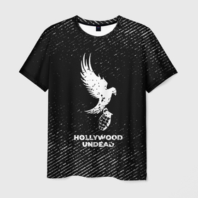 Мужская футболка 3D с принтом Hollywood Undead с потертостями на темном фоне в городе Новоалтайск, 100% полиэфир | прямой крой, круглый вырез горловины, длина до линии бедер | Тематика изображения на принте: 
