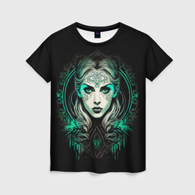 Женская футболка 3D с принтом Готическая ведьма на чёрном фоне в Белгороде, 100% полиэфир ( синтетическое хлопкоподобное полотно) | прямой крой, круглый вырез горловины, длина до линии бедер | 
