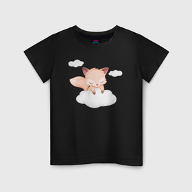 Детская футболка хлопок с принтом Милый лисёнок на облаке нежиться в Тюмени, 100% хлопок | круглый вырез горловины, полуприлегающий силуэт, длина до линии бедер | Тематика изображения на принте: 