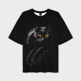 Мужская футболка OVERSIZE 3D с принтом Черный кот во тьме в Новосибирске,  |  | Тематика изображения на принте: 