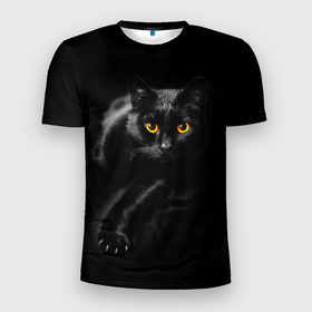 Мужская футболка 3D Slim с принтом Черный кот во тьме в Новосибирске, 100% полиэстер с улучшенными характеристиками | приталенный силуэт, круглая горловина, широкие плечи, сужается к линии бедра | Тематика изображения на принте: 