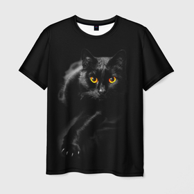 Мужская футболка 3D с принтом Черный кот во тьме в Новосибирске, 100% полиэфир | прямой крой, круглый вырез горловины, длина до линии бедер | Тематика изображения на принте: 