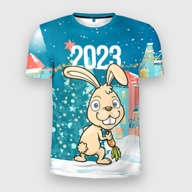 Мужская футболка 3D Slim с принтом Кролик  у елочки в Екатеринбурге, 100% полиэстер с улучшенными характеристиками | приталенный силуэт, круглая горловина, широкие плечи, сужается к линии бедра | 