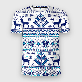 Мужская футболка 3D Slim с принтом happy new year, blue deer , 100% полиэстер с улучшенными характеристиками | приталенный силуэт, круглая горловина, широкие плечи, сужается к линии бедра | 
