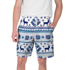 Мужские шорты 3D с принтом happy new year, blue deer ,  полиэстер 100% | прямой крой, два кармана без застежек по бокам. Мягкая трикотажная резинка на поясе, внутри которой широкие завязки. Длина чуть выше колен | Тематика изображения на принте: 