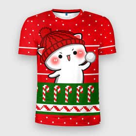 Мужская футболка 3D Slim с принтом Белый котик   игра в снежки в Екатеринбурге, 100% полиэстер с улучшенными характеристиками | приталенный силуэт, круглая горловина, широкие плечи, сужается к линии бедра | 