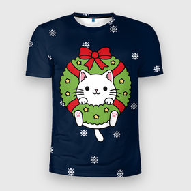Мужская футболка 3D Slim с принтом Новогодний котик   иллюстрация в Екатеринбурге, 100% полиэстер с улучшенными характеристиками | приталенный силуэт, круглая горловина, широкие плечи, сужается к линии бедра | 