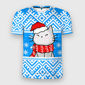 Мужская футболка 3D Slim с принтом Котик в новогодней шапочке в Тюмени, 100% полиэстер с улучшенными характеристиками | приталенный силуэт, круглая горловина, широкие плечи, сужается к линии бедра | 