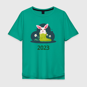 Мужская футболка хлопок Oversize с принтом Заяц в сапоге 2023 в Петрозаводске, 100% хлопок | свободный крой, круглый ворот, “спинка” длиннее передней части | 